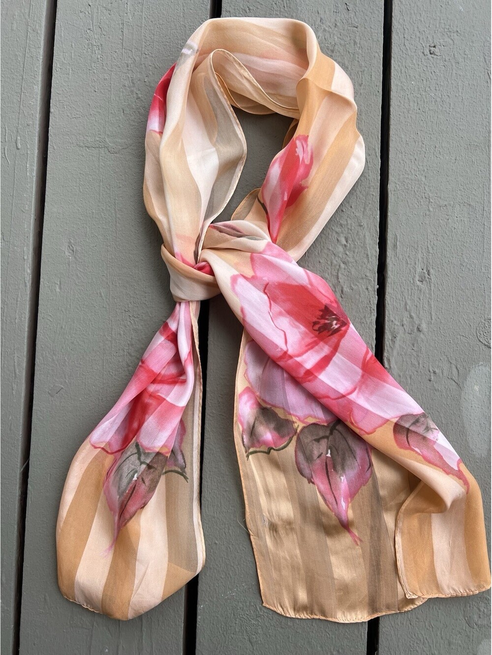 Women’s Sheer Floral Scarf Peach Beige Pink Rose Print Striped Lightweight 50x10